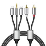 Câble RCA pour iPhone, câble audio type C vers 2RCA, RCA vers jack 3,5, câble Lightning vers RCA (câble audio 3 en 1), compatible avec iPhone, Samsung Galaxy, Huawei, pour voiture, home cinéma