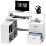 HOMCOM Bureau d'angle avec 2 tables, 4 étagères de rangement, 3 tiroirs et support d'écran, bureau d'angle avec port informatique USB pour le bureau et l'étude, 138,5x90x92 cm, blanc