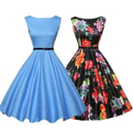 Polka Dot Floral Printed Sleeveless Retro Dress Blue L