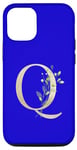 Coque pour iPhone 12/12 Pro Lettre Q élégante en feuille d'or avec motif floral Bleu
