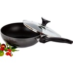 HashOne Non Stick 26cm Wok Stir Fry Pan with Glass Lid and Long Heat Resistant Handle - 26cm Deep Frying Pan Casserole Pot - Black