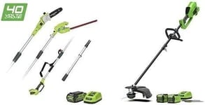 Greenworks Cordless String Trimmer G40BC & Cordless Pruner & Telescopic Hedge Trimmer 2-in-1 G40PSH (Li-Ion 40V 25/40 cm Cutting Width 5300 RPM 2.4 m Telescopic Pole with 3 x 2Ah Batteries+2 Charger)