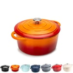 Round Casserole Dish - Cast Iron Cauldron Induction and Gas Safe Non Stick Dutch Oven Roasting Cooker - with Lid - 10 Year Gurantee (2.7L Casserole, Orange)