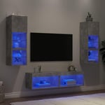 Tv-møbel til væg 6 dele med LED-lys konstrueret træ betongrå