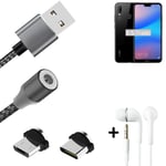 Magnetic charging cable + earphones for Huawei P20 Lite + USB type C a. Micro-US