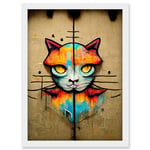 Vibrant Symmetrical Street Art Mural Graffiti Cat Artwork Framed Wall Art Print A4
