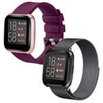 SINPY Replacement Wristband for Fitbit Versa Strap,2-Pack Mixed Metal Magnetic/Silicone Watch Bands Compatible with Fitbit Versa 2/Fitbit Versa Lite,Metal Black/Silicone Bordeaux