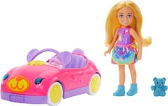 Barbie Chelsea et Son Cabriolet Coffret avec Cabriolet Ourson, Figurine d’Ours en Peluche et Petite poupée Blonde Portant Une Jupe et des Chaussures Amovibles, HXN05
