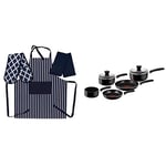 Tefal Delight Cookware Set - Black, 5 Pieces with Penguin Home Apron, Double Oven Glove and 2 Kitchen Tea Towels Set - NAVY/White