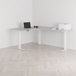 Höj och sänkbart hörnskrivbord, högersvängt, vitt stativ, grå bordsskiva 160x200cm