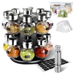 Masthome Revolving Spice Rack with 16 Spice Jars, Countertop Herb Spice Holder Organizer for Seasoning Shakers-Send Labels, Salt Pepper Grinders,15pcs Fresh-Keeping Bags,95ml/3oz.