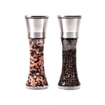 JZK 2 PCS 304 Stainless Steel refillable Manual Salt and Pepper Grinder Mill Set with Glass Bottle Body, Adjustable fineness