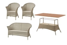 Cane-line Lansing spisegruppe Teak/beige 2-seter sofa, 2 fåtöljer & bord 180 x 100 cm