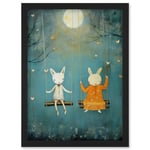 Rabbits on a Swing with Moonlit Butterflies Calming Baby Nursery Artwork Framed Wall Art Print A4