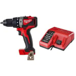 Milwaukee M18 BLPD2 18V Li-Ion M18 Heavy Duty Hammer Combi Drill - Body Only, Red & M12-18C Multi-Charger