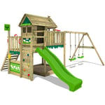 Fatmoose - Aire de jeux Portique bois MightyMansion avec balançoire et toboggan Maison enfant exterieur avec bac à sable - vert pomme - vert pomme