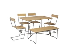 Grythyttan Stålmöbler B25 matgrupp Oljad furu/galvat 4 stolar, bänk 110 cm & bord 120 x 70 cm