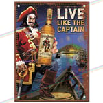 Metal Signs - Captain Morgan"Live Like The Captain". Man Cave Tin Metal Sign Hanging Wall Plaque Kitchen Shed Garage. Large (27cm x 18cm)