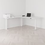 Höj och sänkbart hörnskrivbord, vänstersvängt, vitt stativ, vit bordsskiva 180x200cm
