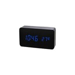 Réveil led en Bois Artificiel Horloge Numérique Activation pour Bureau Maison Sonore avec Température/Humidité/Calendrier Batterie/USB BlackBlue