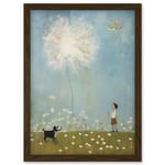 Chasing the Giant Dandelion Dream Artwork Giant Wish Oil Painting Kids Bedroom Child and Pet Dog in Daisy Field Artwork Framed Wall Art Print A4