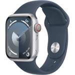 Apple Watch Series 9 GPS + Cellular 41mm Silver Aluminium Case with Storm Blue Sport Band (S/M)