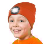 LED-upplyst Beanie-mössa för Barn, Uppladdningsbar 4 LED Huvudlampa Mössa, Stickad Vintermössa med Ficklampa för Cykling Löpning Orange
