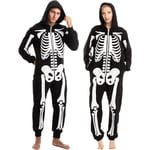 Unisex Skelett Onesie Pyjamas Plysch Skelett Jumpsuit Dragkedja Halloween Hoodie Pyjamas för Vuxna Nattkläder Kostym Svart XL