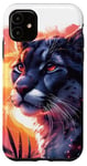 Coque pour iPhone 11 Cougar noir cool coucher de soleil lion de montagne puma animal anime art