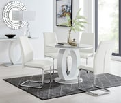 Giovani Round 4 Seat 100cm White High Gloss Unique Halo Base Grey Glass Top Dining Table 4 Soft Faux Leather Lorenzo Chairs