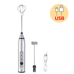 3-Speeds Egg Beater Coffee Milk Drink Whisk Mixer Heads Eggbeater Frother Stirrer USB Rechargeable Handheld Food Blender Whisk (Silver)