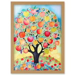 Apple Tree Fruit Harvest Day Folk Art Bright Watercolour Painting Artwork Framed Wall Art Print A4