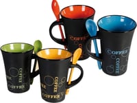 Ossian Set of 4 Colourful Ceramic Mugs with Spoons – Matte Finish Black Tea Coffee Soup Hot Drink Cup Glossy Colour Inside Embossed Writing Text with Coloured Matching Spoons Handle