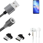 Data charging cable for + headphones Oppo Reno5 K 5G + USB type C a. Micro-USB a