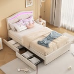 Stoppad säng 90x200 cm - med LED-belysning - med 2 lådor - linne - säng med lamellram - beige (utan madrass)