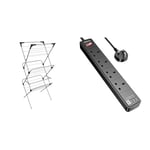 Vileda Sprint 3-Tier Clothes Airer, Indoor Clothes Drying Rack with 20 m Washing Line, Silver & Extension Lead with 4 USB Slots (3.4A, 1 Type C and 3 USB-A Ports)