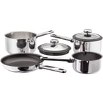 Stellar Stay Cool SLB2 Set of 4 Stainless Steel Induction Ready Pans, 18cm & 20cm Draining Saucepans with Glass Strainer Lids, 16cm Non-Stick Milk Pan, 24cm Non-Stick Frying Pan, Stay-Cool Handles