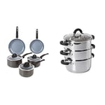 Tower T80303 Cerasure Induction Pots and Pans Set & T80836 Essentials Induction Steamer Pans 3 Tier with Glass Lid, Silicone Handles, Stainless Steel, Steamer Cooking, 18 cm, Silver