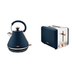 Tower T10044MNB Cavaletto Pyramid Kettle with Fast Boil, Detachable Filter, 1.7 Litre & T20036MNB Cavaletto 2-Slice Toaster with Defrost/Reheat, Stainless Steel, 850W, Midnight Blue and Rose Gold