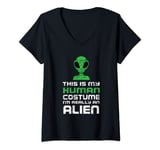 Womens Green Alien Face Head Human Costume I'm Really An Alien V-Neck T-Shirt