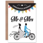 Wedding Mr Mrs Tandem Marriage Fun Greetings Card Plus Envelope Blank inside
