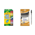 CRAYOLA SuperTips Washable Markers - Assorted Colours (Pack of 24) & Bic Cristal Original Ballpoint Pens, Smudge-free with Medium Point (1.0 mm), Black