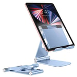 Fully Foldable Tablet Stand, OMOTON Tablet Holder, Adjustable Aluminum Tablet Stand for Desk, Accessories Suitable for New iPad 2021, iPad Air/Pro/Mini (7.9-12.9), Samsung Tablets, and Phones, Blue