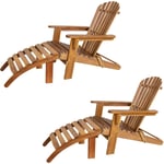 2x Chaise longue transat Adirondack en bois d'acacia avec repose-pieds Bain de soleil Siège de jardin pliable Extérieur balcon terrasse - Casaria