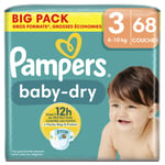 Couches Bébé Baby Dry 6 - 10 Kg Taille 3 Pampers - Le Pack De 68 Couches