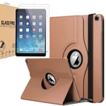 [Bundle] Leather Rotating Case For iPad Air / Air 2 / iPad Pro 9.7 / iPad 9.7” 2017 / iPad 9.7” 2018 (5th Gen, 6th Gen) 360 Degree Smart Flip Stand Case Cover with FREE [2 Pack] Tempered Glass (Gold)