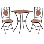Tidyard 3 Piece Mosaic Bistro Set | Ceramic Tile Design Table and Folding Chairs | Garden Bar Table Set Terracotta