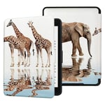 QIYI Slimshell Case Fits All Paperwhite Generations Prior to 2018 Kids eBook Reader Sleeve Covers Smart Accessories PU Leather Kindle Protective Cases with Auto Wake/Sleep - Giraffes & Elephant