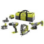 Ryobi pack 3 outils Brushless : perceuse à percussion, scie sauteuse , meuleuse d'angle, 2 batteries 2 / 4 Ah, 1 chargeur 2,0 A
