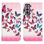 Samsung Galaxy S21 FE 5G - Premium cover / pung - Printet design - Pink/blå sommerfugl
